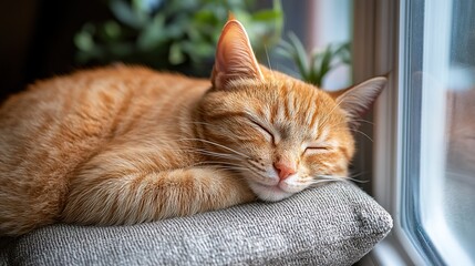 Domestic ginger cat sleeping near the window with raindrops. Close-up portrait.