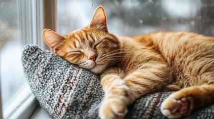 Domestic ginger cat sleeping near the window with raindrops. Close-up portrait.