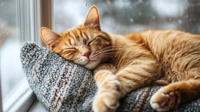 Domestic ginger cat sleeping near the window with raindrops. Close-up portrait.