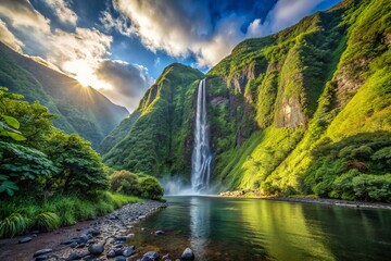 Fototapeta premium Majestic Hi'ilawe Waterfall in Waipio Valley, Big Island, Hawaii - A Serene View with Lush Greenery and Dramatic Cliffs, Perfect for Nature Lovers and Travel Enthusiasts