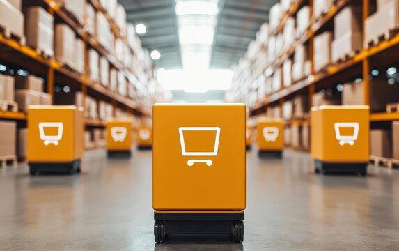 digital transformation concept. A logistics center featuring autonomous robots sorting and delivering packages, digital transformation automation modernization, advanced supply chain management