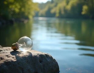 Lightbulb of Ideas Glowing Bulb on a Rock in a Tranquil Lake or River in a Forest Environment