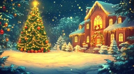 A raster Christmas background template with a beautifully decorated tree, golden lights, and ornaments, creating a cozy and festive holiday scene.