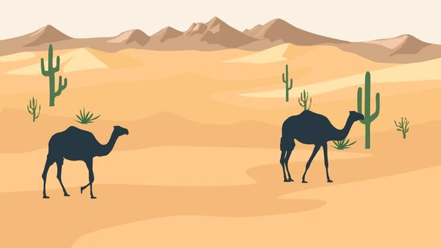 Animation with camels walking in the desert (seamless loop)