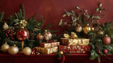 A rich red Christmas background with beautifully arranged fir tree ornaments, gold gift boxes, and delicate holiday decorations, creating a luxurious holiday feel.