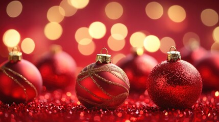 A serene red background with clusters of red Christmas ornaments, capturing the festive essence of the season without any text.