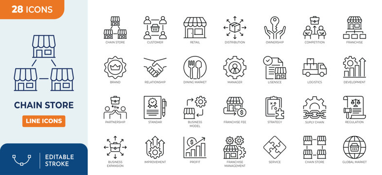Chain Store icon set. Containing Consumers, Brand, Regulation, Dining Markets, Competition, Franchise, Strategy, Distribution. Outline Icon Collection. Vector illustration. Editable stroke	
