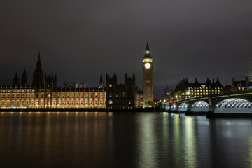 Big Ben and Westminster Bridge, London, illuminated at night