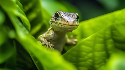 Fototapeta premium Small lizard resting on bright green leaves in jungle habitat