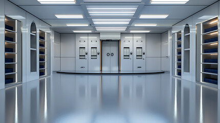 A large, empty room with a white ceiling and a blue wall