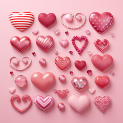 Valentine's Day image features pink hearts in various glossy, glitter, and shiny decorations, creating a romantic pattern.