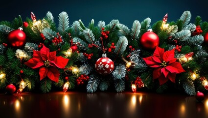 Christmas decorations, poinsettia flowers, pine branches, red berries, fairy lights, dark background, festive, holiday atmosphere, close-up, vibrant colors, traditional Christmas ornaments, garland, e
