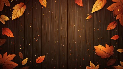 Autumn Leaves on Dark Wood Background Design