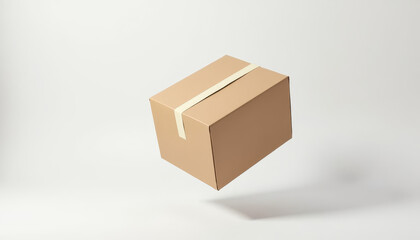 Fototapeta premium Floating subscription box mockup with brown cardboard and tape on white background