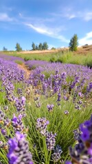 Naklejka premium Lavender fields stretching under a clear sky radiate vibrant purple hues and a soothing fragrance