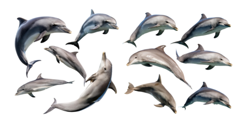Group of Dolphins Swimming in Clear Water, PNG collection, set bundle, isolate on transparent or white background