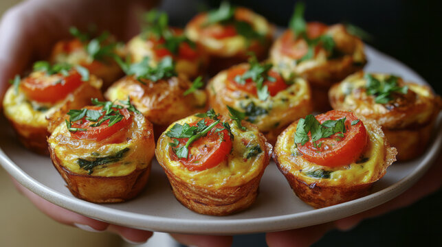 Bright and flavorful mini frittatas topped with cherry tomatoes and herbs are served on a plate at a friendly gathering, showcasing delightful culinary creativity