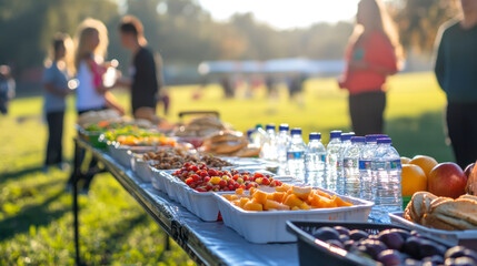 A soccer mom is focused on creating nutritious snacks for kids at a lively afternoon gathering, surrounded by colorful fruits and refreshments on a table