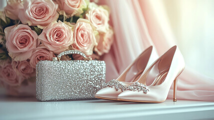 Bridal accessories are beautifully arranged on a table, featuring delicate high heels, a sparkling clutch, and a bouquet of pink roses that adds a romantic touch