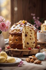 Easter cake with raisins with decorative eggs. The atmosphere of the holiday and spring.