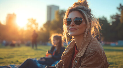 A soccer mom relaxes in the park on a sunny afternoon, dressed in sporty clothing and sunglasses, enjoying quality time with friends while soaking up the sun