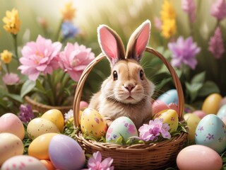 Easter bright decorative eggs in a basket close-up close-up. A realistic fluffy Easter bunny sits in the basket.