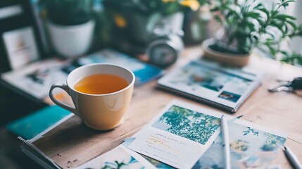 A close-up of a vision board filled with inspiring quotes, images, and goals for personal growth, with a cup of herbal tea beside it, creative workspace, real photo, stock photograph