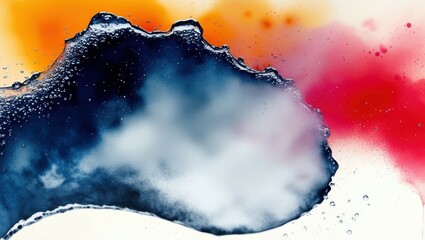 abstract fluid art, vibrant colors, watercolor effect, organic shapes, blue and orange hues, cosmic nebula, swirling patterns, ink splatter, liquid texture, dynamic composition, galaxy-inspired, paint