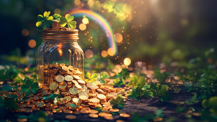 A unique leprechaun trap features a jar filled with golden coins surrounded by vibrant clovers and sparkles, capturing the essence of St. Patrick's Day festivities