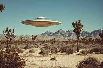 Retro color photograph news style 1960s sci-fi science fiction vintage alien UFO flying saucer over joshua trees in southwest desert journalistic hoax fake news conspiracy theory concepts