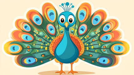 close-up view of cartoon peacock sticker against white background.ai generative