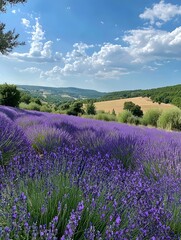 Obraz premium Lavender fields stretching under a clear sky radiate vibrant purple hues and a soothing fragrance