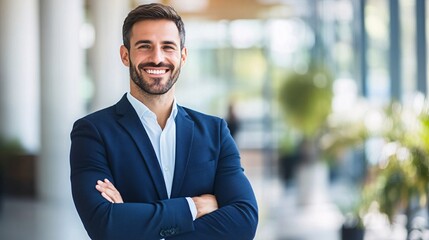 Portrait of a smiling businessman with arms crossed in modern office building