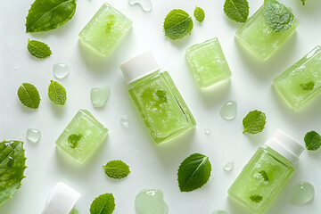 Obraz premium Green cosmetic gel cubes and bottles with mint leaves on white background.