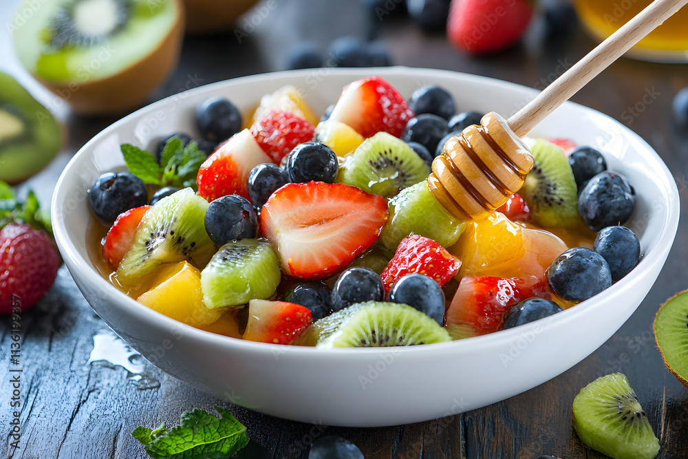 Poster healthy mixed fruit salad in a bowl, juicy fresh salad with strawberry, kiwi and blueberry topped with honey