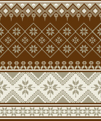 Traditional geometric pattern in earthy tones featuring diamonds and floral motifs, perfect for textiles or wallpaper