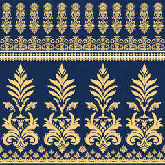 Elegant gold floral pattern on deep blue background, featuring intricate designs and symmetrical motifs that evoke sense of luxury and sophistication