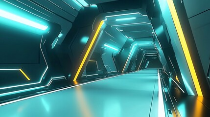 Futuristic neon-lit corridor interior.