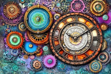 Obraz premium Intricate Steampunk Clockwork Mechanism with Colorful Gears