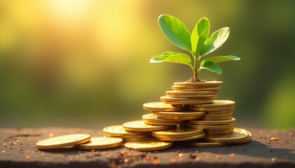 Growing plant on a stack of coins symbolizing safe investment and financial growth