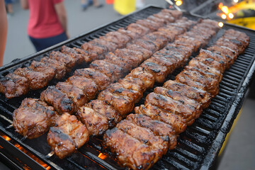 Grilled meat skewers cooking on a barbecue grill.