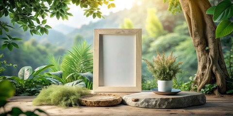 Minimalist Photo Frame Mockup in Serene Landscape Setting for Showcase of Artworks and Photography, Perfect for Interior Decor Inspiration and Online Portfolios