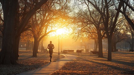 A man jogging in a park during sunrise, wearing a fitness tracker, symbolizing the start of his New Year resolutions for health and fitness, vibrant colors, real photo, stock photograph