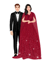 Wedding Couple Standing wearing Black Tuxedo Suit and Glittery Red Dress