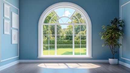 Fototapeta premium Sunlit room with arched window, blue walls, and plant.