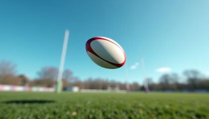 Rugby ball soaring through the air against a clear blue sky above a grassy field