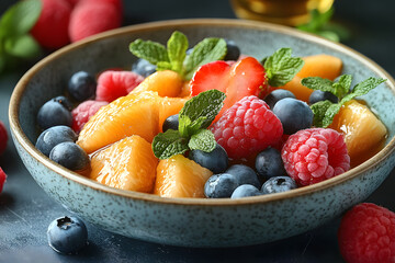 healthy mixed fruit salad in a bowl, juicy fresh salad with strawberry, kiwi and blueberry topped with honey