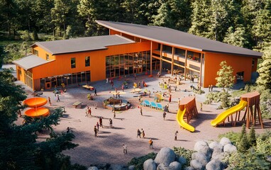 A vibrant recreational center with slides, pools, and outdoor activities for families.