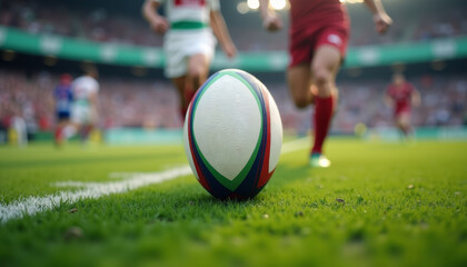 Rugby ball on green grass during a kick in an intense game with players in action