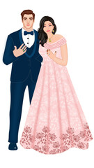Indian Wedding Couple Standing wearing Royal Blue Suit and Pink Gown in Romantic pose for Engagement Ceremony
